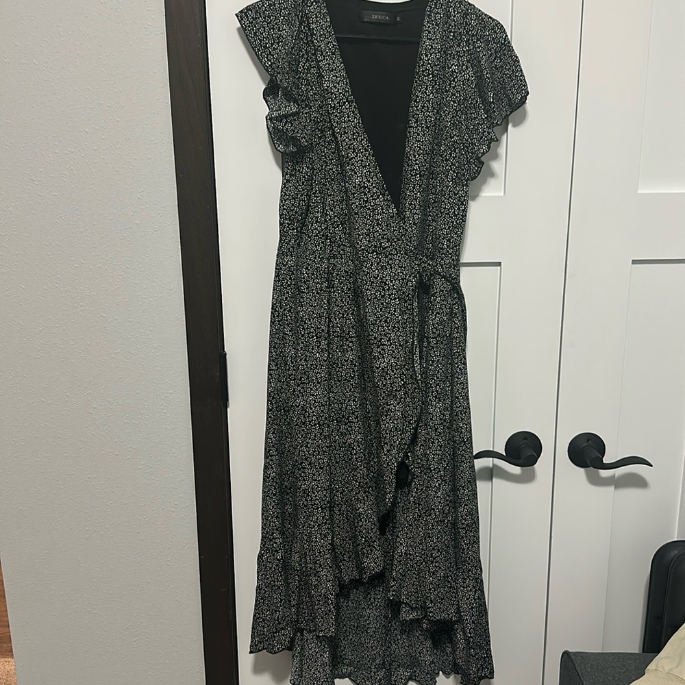 Black and white patterned wrap dress